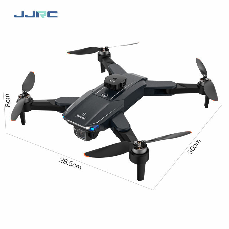 Foldable black quadcopter RC drone with four propellers and onboard camera
