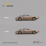 Diecast model supercar toy in light blue with gold wheels, side profile