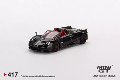 Mini GT 1:64 diecast roadster model, black body with red interior and open top