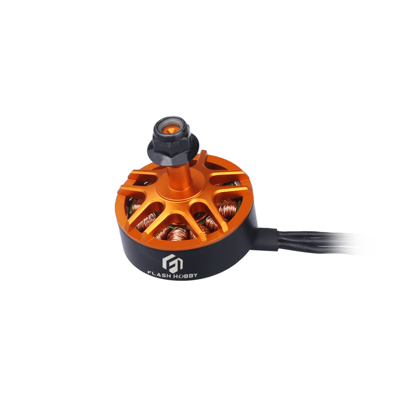 FLASH Hobby brushless motor with orange stator and black housing, 3-wire lead
