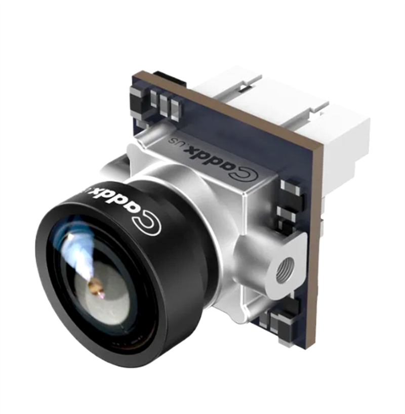 FPV analog camera module with black lens and mounting bracket, metallic housing