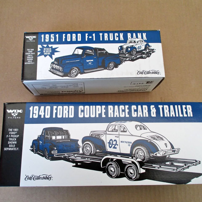 Diecast collectible set box showing 1951 Ford F-1 truck and 1940 race coupe with trailer