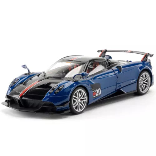 Blue 1:18 diecast roadster model car with open cockpit, front grille and headlights