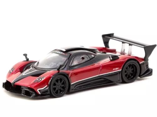 Red 1:64 diecast sports car with open door, black wheels and rear wing
