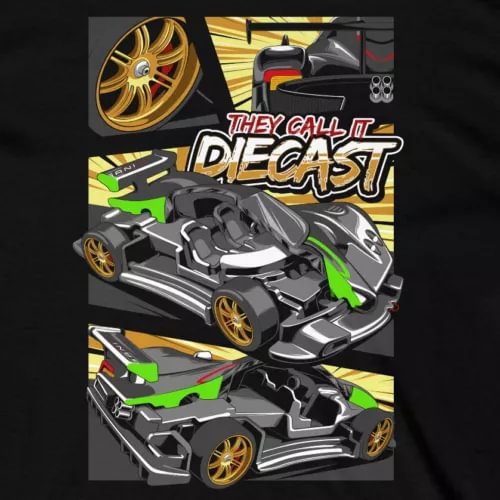 Black graphic T-shirt with diecast race car and yellow-green wheel design