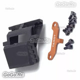 Folding landing skid seat bracket with orange arm and screws, black and orange