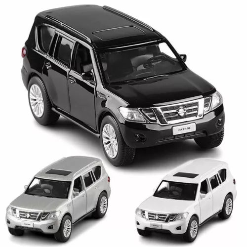 Diecast SUV model car, black with chrome grille; two white model cars shown