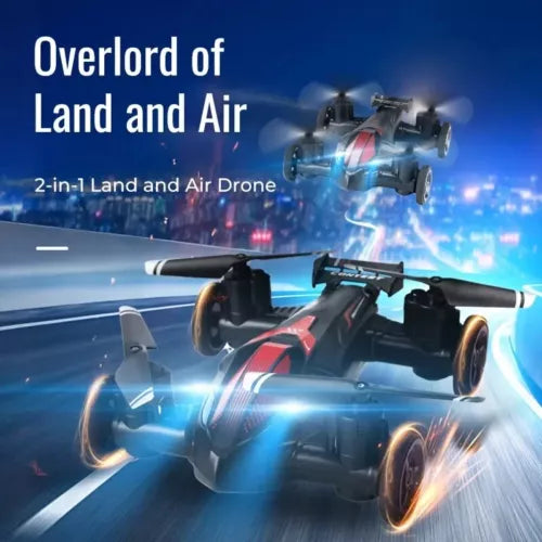 Dual-use RC toy car with attached four-axis drone, black and gray chassis