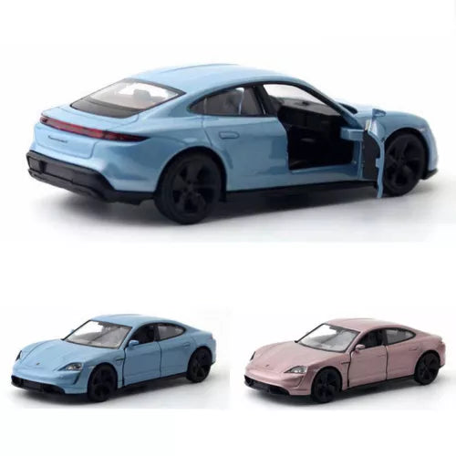 Diecast Porsche Taycan Turbo S model car toy, light blue with black wheels, 3 views