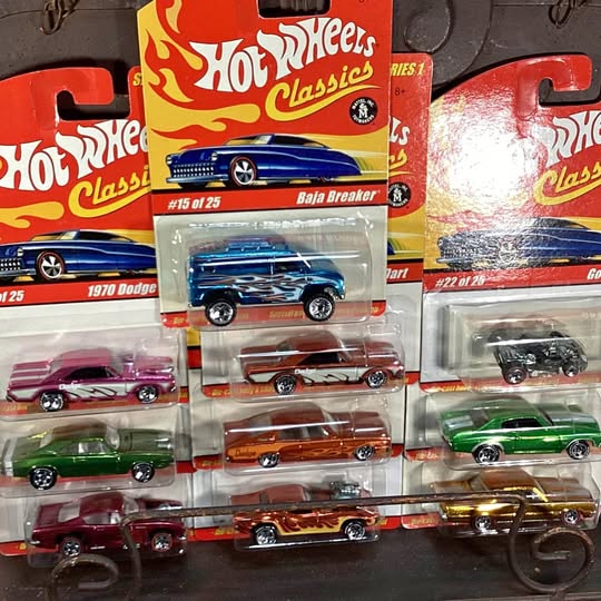 Hot Wheels Classics diecast car blister assortment with blue car and red car packaging