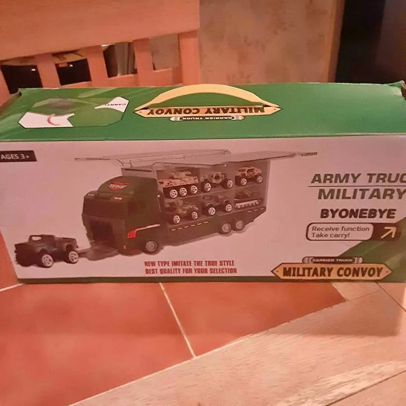 Diecast military convoy carrier set box with printed vehicle lineup and carrier