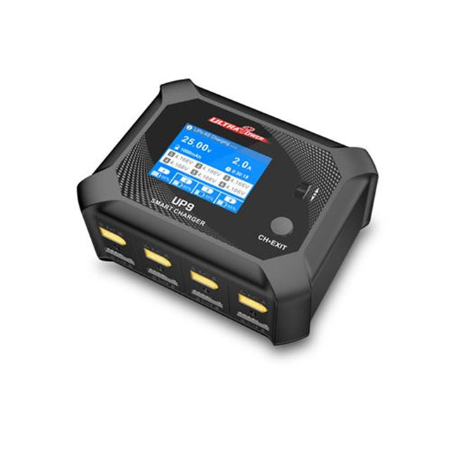 Black four-channel RC battery balance charger with LCD screen and front indicator LEDs