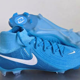 Men's blue soccer cleat with white Nike swoosh and lace-up FG studs