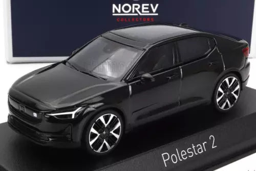 Polestar 2 diecast model car in space black, 1:43 scale, front 3/4 view