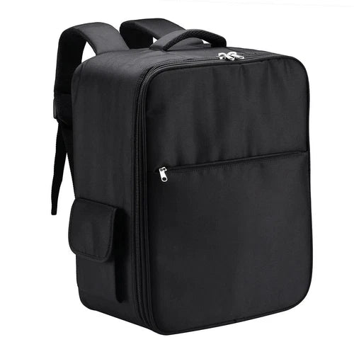 Black drone backpack bag with front zipper, side flap pocket, and padded shoulder straps