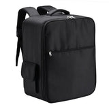 Black drone backpack bag with front zipper, side flap pocket, and padded shoulder straps