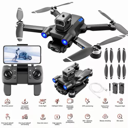 Foldable RC drone with dual camera, propellers, and handheld controller