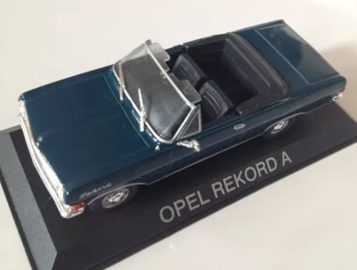 Dark blue OPEL REKORD A diecast car model with open hood, on display base