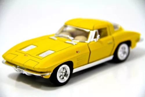 Yellow 1963 Corvette Stingray diecast model toy car, front three-quarter view