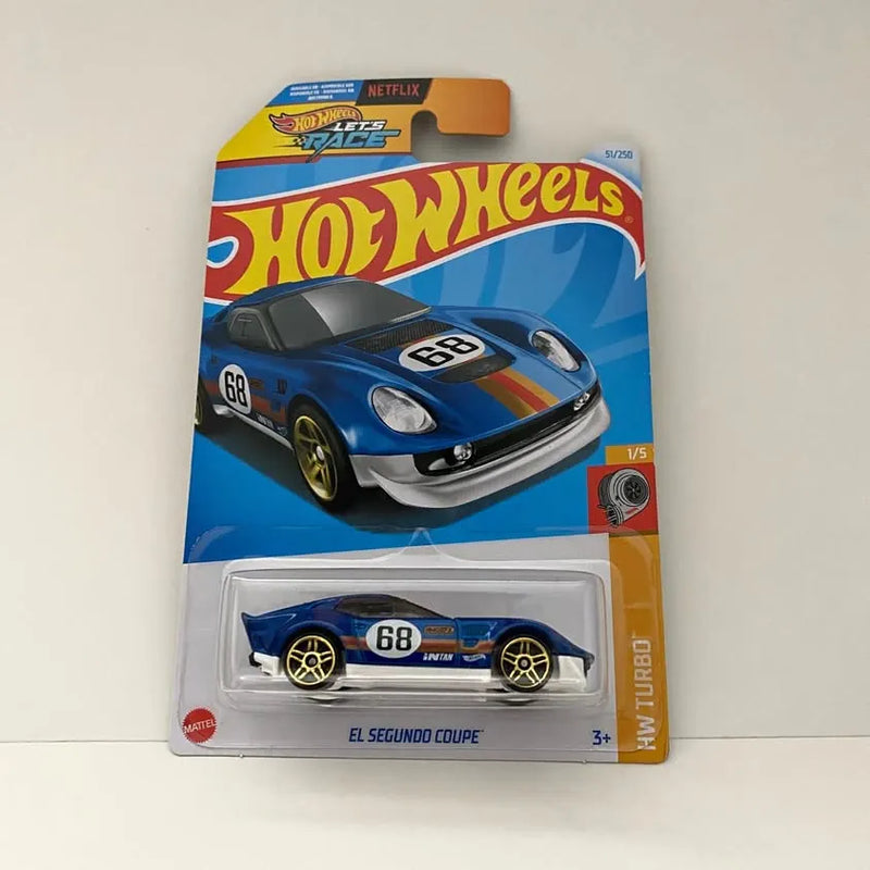 Blue diecast toy car with hood scoop, race number 68, on blister card (1/5).
