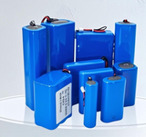 Blue Li-ion battery pack with multiple 18650 cells and red/black wire leads