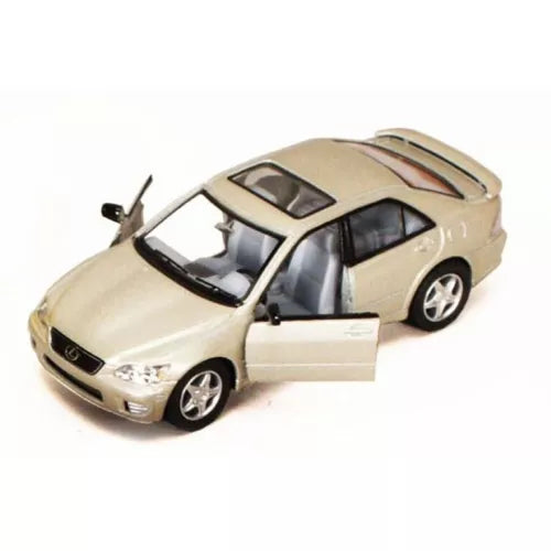 Gold diecast toy car with open front door, 1/36 scale
