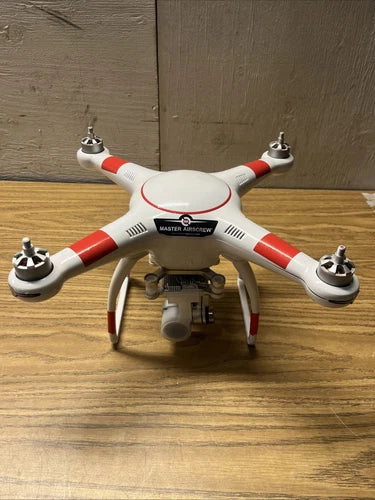 White and red quadcopter drone with front camera gimbal and four propellers, MASTER AIRCREW