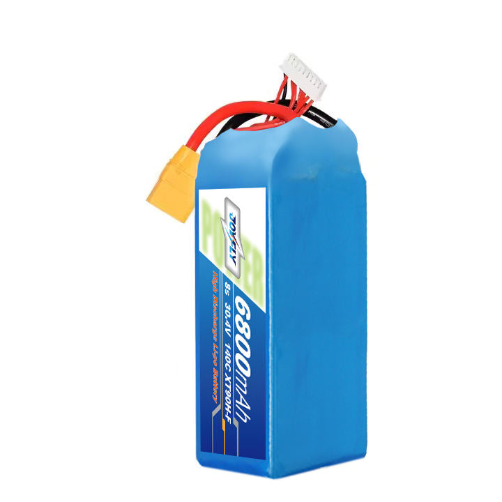 Lithium pouch UAV battery, blue pack with red and black wire leads