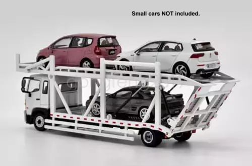 White 1:64 diecast double transport truck with cars on open trailer bed