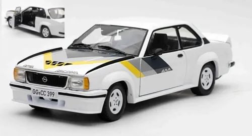 1:18 diecast coupe model car in white with black trim and yellow stripe decals