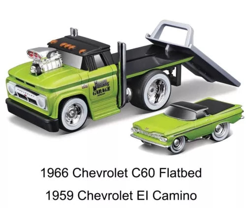 Green diecast flatbed trailer toy with black ramps and a 1959 El Camino pickup