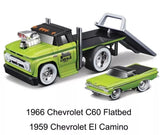 Green diecast flatbed trailer toy with black ramps and a 1959 El Camino pickup