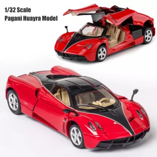 1/32 scale diecast model car in red with black accents and silver wheels