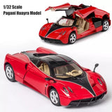 1/32 scale diecast model car in red with black accents and silver wheels