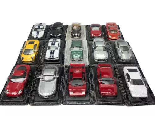 Diecast supercar model set with assorted miniature cars in display tray