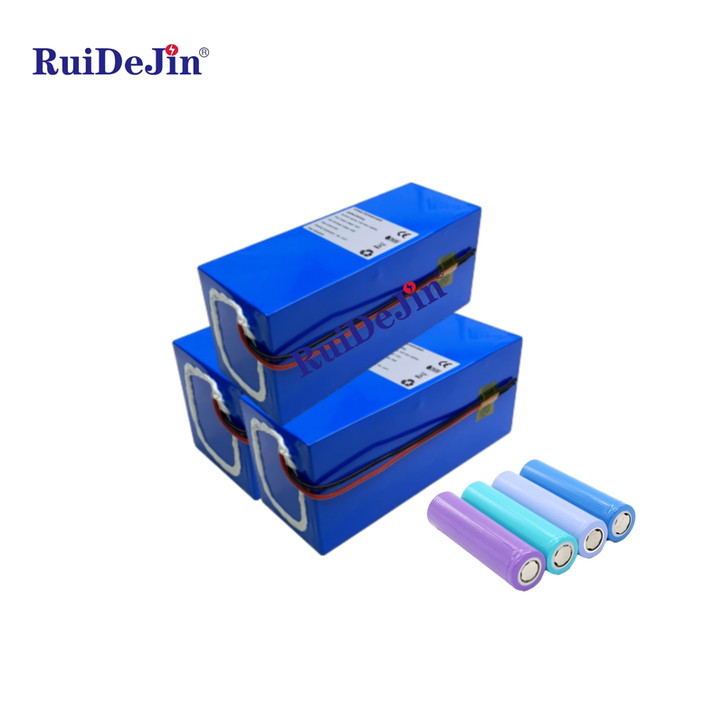 Rechargeable lithium battery pack with blue casing and cylindrical cells, RuDeJin®