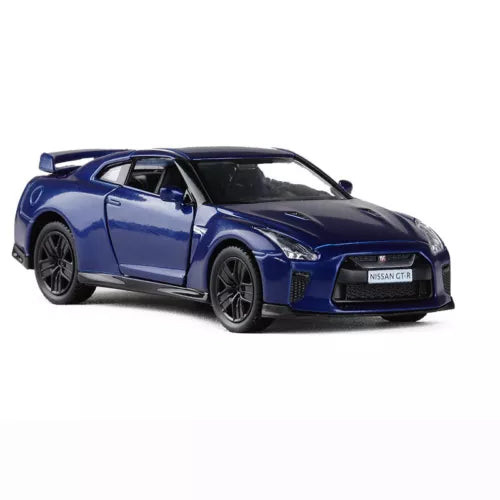 Blue Nissan GTR R35 diecast pull-back model car toy, front three-quarter view