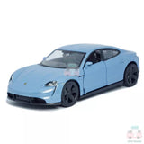 Blue 1:36 diecast sports car model, front three-quarter view, black wheels