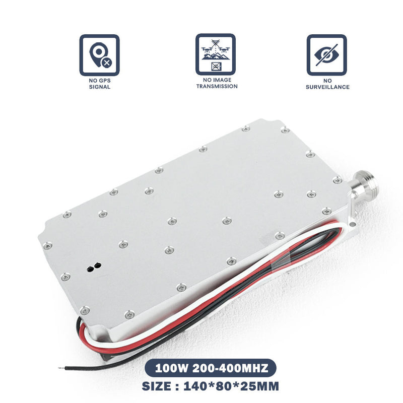 GaN RF power amplifier module with metal plate, coax connector, and red/black wires