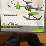 Stunt drone product box with green and black drone graphic and 1750 branding