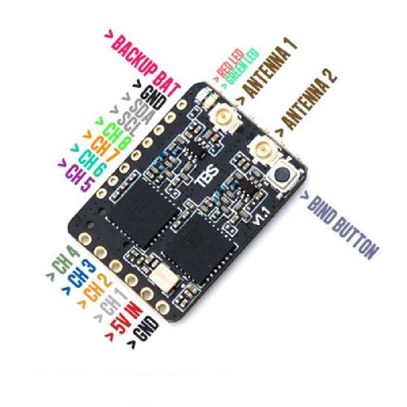 Drone receiver PCB module with antenna pads, labeled CH pins, and mounting holes