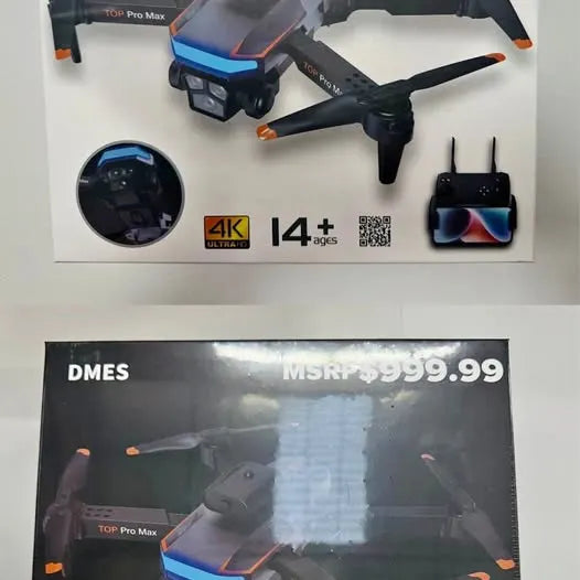 Boxed quadcopter drone with remote controller and four propellers