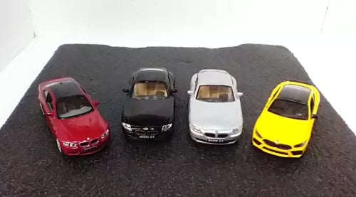 Diecast BMW car set of 4: red, black, white, and yellow cars