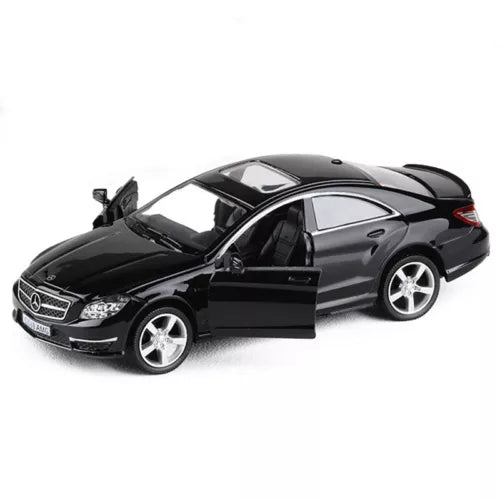 1:36 scale diecast model car, black coupe with open doors and silver wheels