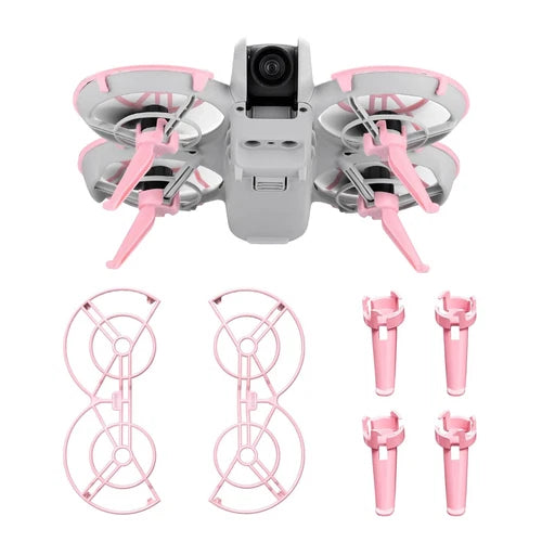 Drone propeller guard and landing gear extensions with pink guards and gray drone body