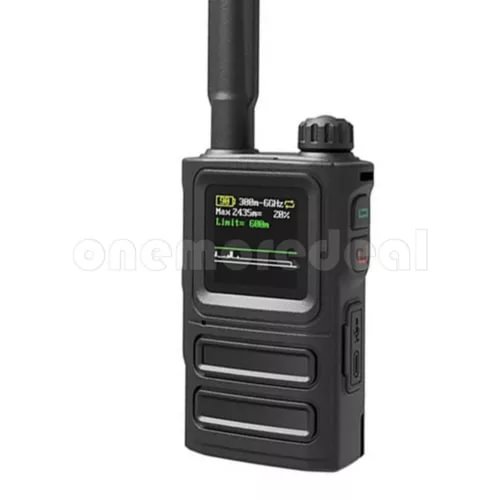 Handheld drone detector device with upright antenna, dark screen, and side controls