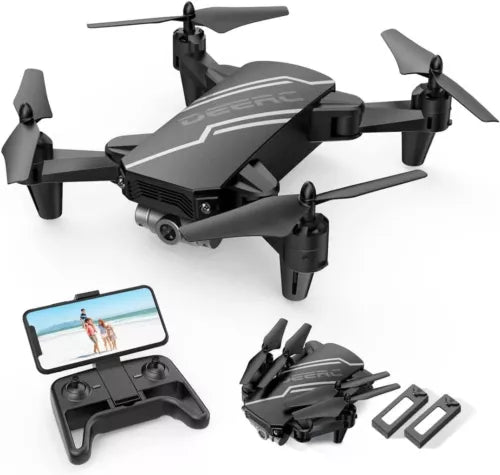 Black mini quadcopter drone with 720p FPV camera, remote controller and accessories