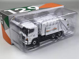 1/76 diecast refuse truck model in clear box, white cab and gray refuse body