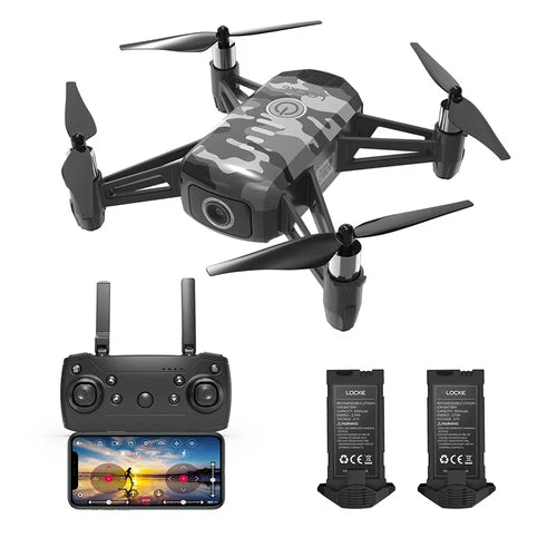 Camouflage mini quadcopter drone with FPV camera, controller screen and batteries