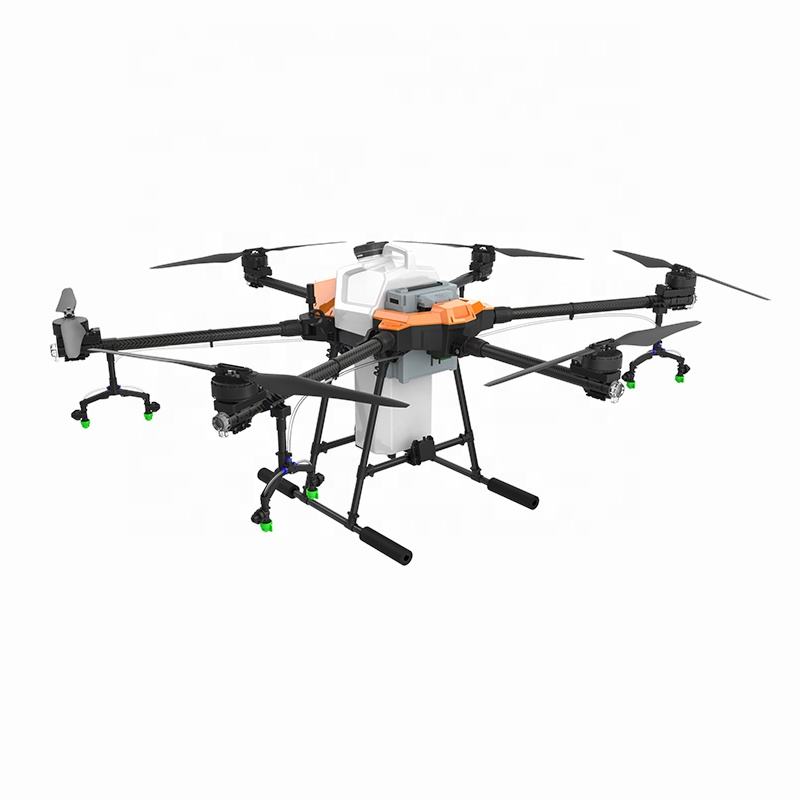 Agricultural spraying drone, white and black quadcopter with orange tank, four arms and rotors